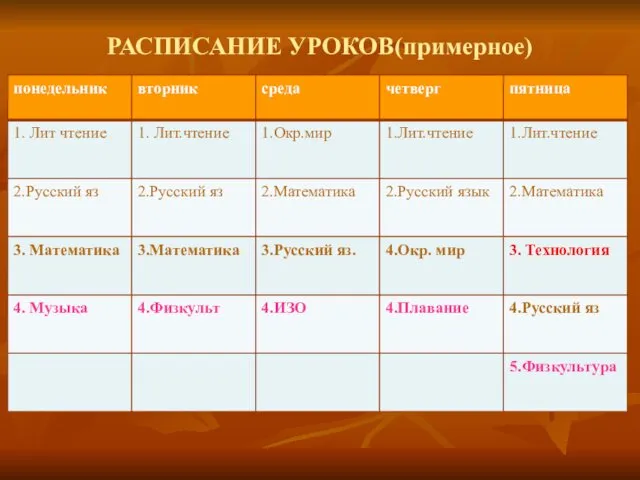 РАСПИСАНИЕ УРОКОВ(примерное)