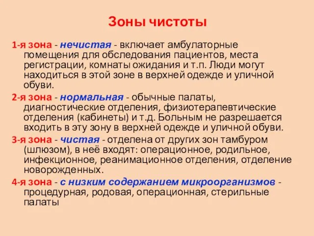 Зоны чистоты 1-я зона - нечистая - включает амбулаторные помещения