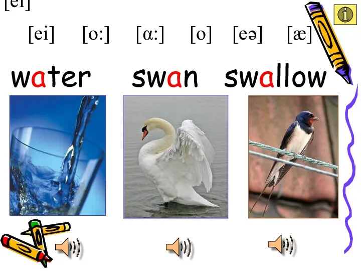 [ei] water [ei] [æ] [eə] [α:] [o:] [o] swan swallow