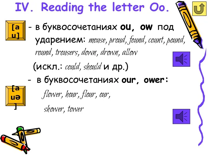 IV. Reading the letter Oo. в буквосочетаниях ou, ow под