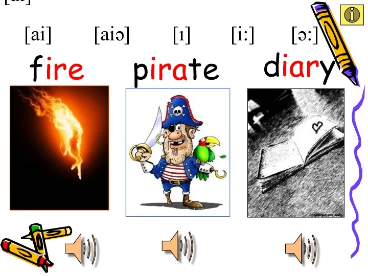 [ai] [ai] [i:] [ı] [aiə] pirate fire diary [ə:]