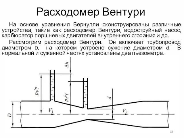 Расходомер Вентури На основе уравнения Бернулли сконструированы различные устройства, такие как расходомер Вентури,