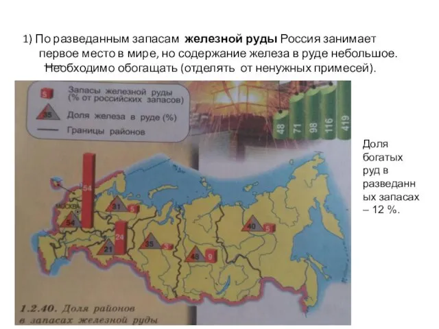 1) По разведанным запасам железной руды Россия занимает первое место