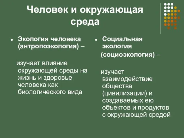 Человек и окружающая среда Экология человека (антропоэкология) – изучает влияние