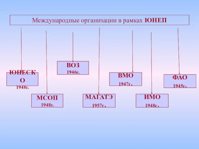 Международные организации в рамках ЮНЕП ЮНЕСКО 1948г. МСОП 1948г. ВОЗ