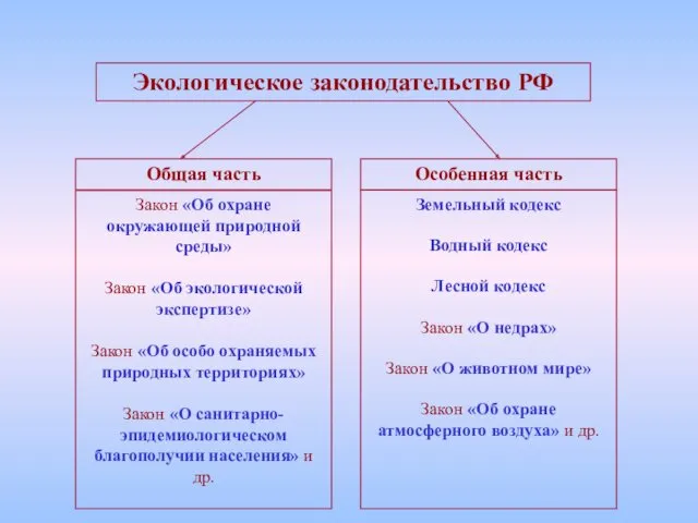 Экологическое законодательство РФ Общая часть Особенная часть Закон «Об охране