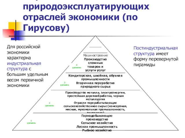 Пирамида природоэксплуатирующих отраслей экономики (по Гирусову) Для российской экономики характерна