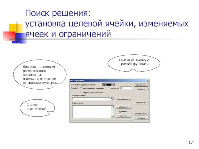 Поиск решения: установка целевой ячейки, изменяемых ячеек и ограничений Ссылка