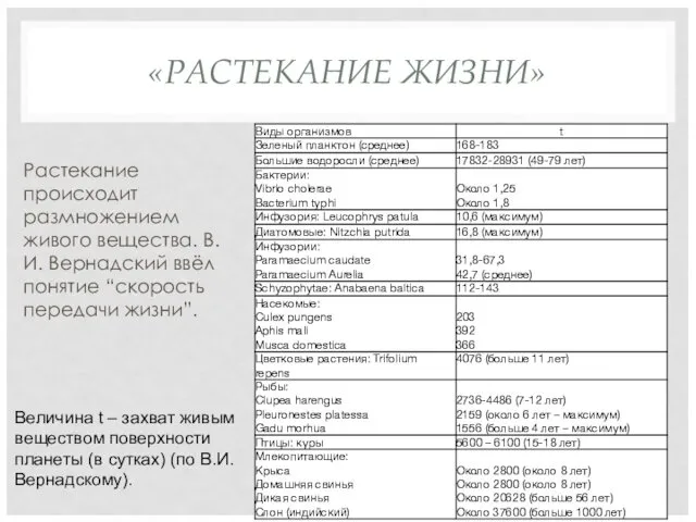 «РАСТЕКАНИЕ ЖИЗНИ» Растекание происходит размножением живого вещества. В.И. Вернадский ввёл