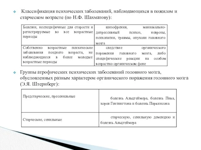 Классификация психических заболеваний, наблюдающихся в пожилом и старческом возрасте (по