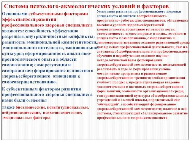 Система психолого-акмеологических условий и факторов Основными субъективными факторами эффективности развития