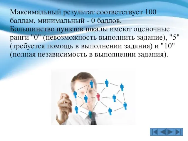 Максимальный результат соответствует 100 баллам, минимальный - 0 баллов. Большинство пунктов шкалы имеют