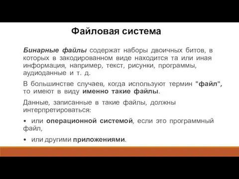 Файловая система Бинарные файлы содержат наборы двоичных битов, в которых