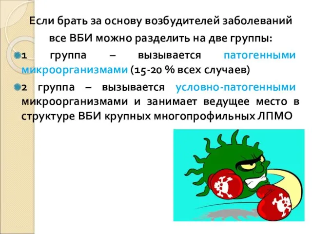 Если брать за основу возбудителей заболеваний все ВБИ можно разделить на две группы: