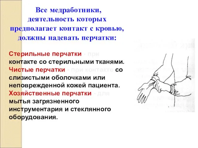 Все медработники, деятельность которых предполагает контакт с кровью, должны надевать перчатки: Стерильные перчатки