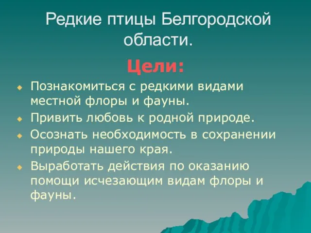 Редкие птицы Белгородской области. Цели: Познакомиться с редкими видами местной