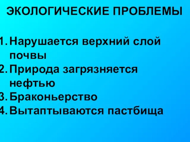 ЭКОЛОГИЧЕСКИЕ ПРОБЛЕМЫ Нарушается верхний слой почвы Природа загрязняется нефтью Браконьерство Вытаптываются пастбища