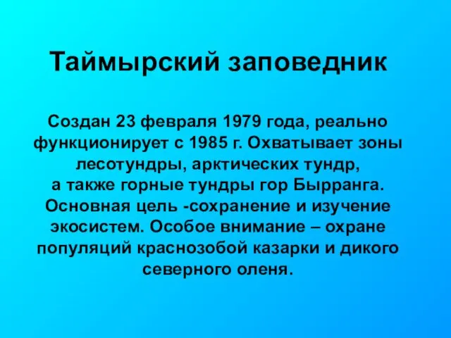 Таймырский заповедник Создан 23 февраля 1979 года, реально функционирует с