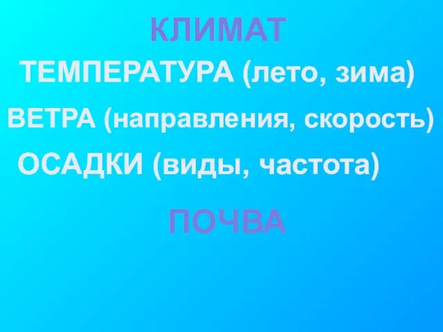 КЛИМАТ ТЕМПЕРАТУРА (лето, зима) ВЕТРА (направления, скорость) ОСАДКИ (виды, частота) ПОЧВА