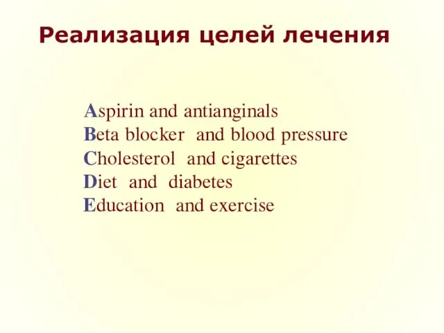 Реализация целей лечения Aspirin and antianginals Beta blocker and blood pressure Cholesterol and