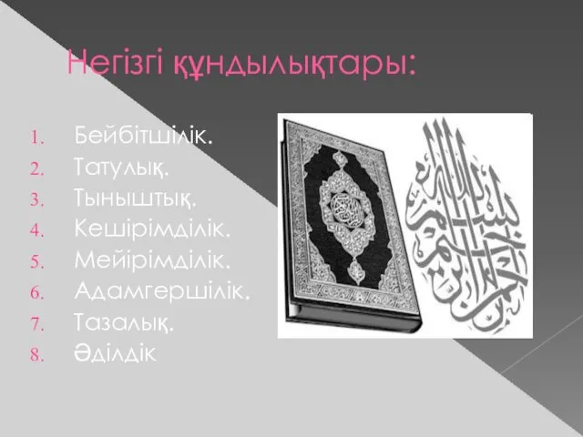 Негізгі құндылықтары: Бейбітшілік. Татулық. Тыныштық. Кешірімділік. Мейірімділік. Адамгершілік. Тазалық. Әділдік