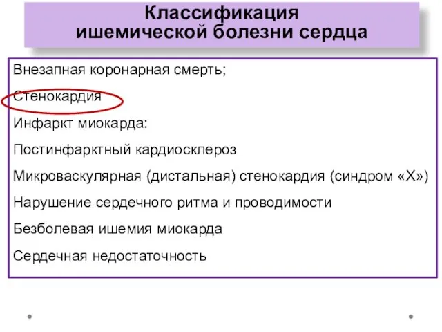 Классификация ишемической болезни сердца Внезапная коронарная смерть; Стенокардия Инфаркт миокарда: