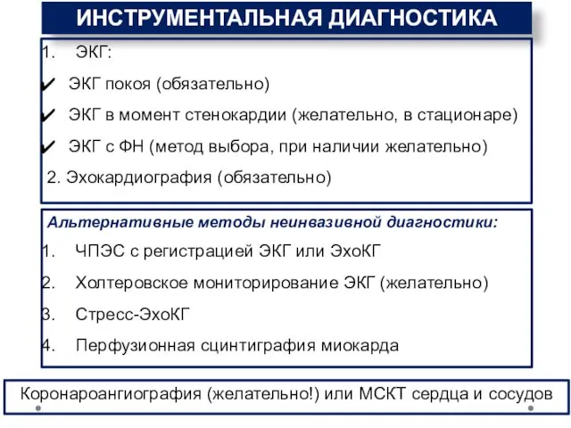 ИНСТРУМЕНТАЛЬНАЯ ДИАГНОСТИКА ЭКГ: ЭКГ покоя (обязательно) ЭКГ в момент стенокардии