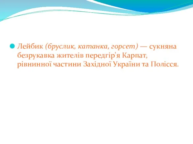 Лейбик (бруслик, катанка, горсет) — сукняна безрукавка жителів передгір'я Карпат, рівнинної частини Західної України та Полісся.