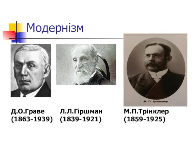 Модернізм Д.О.Граве (1863-1939) Л.Л.Гіршман (1839-1921) М.П.Трінклер (1859-1925)