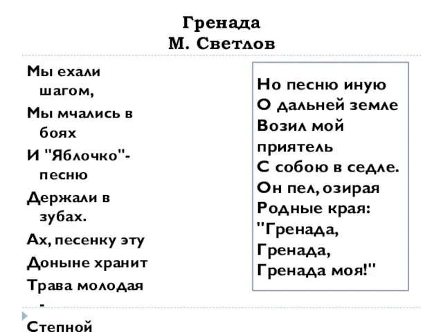 Гренада М. Светлов Мы ехали шагом, Мы мчались в боях