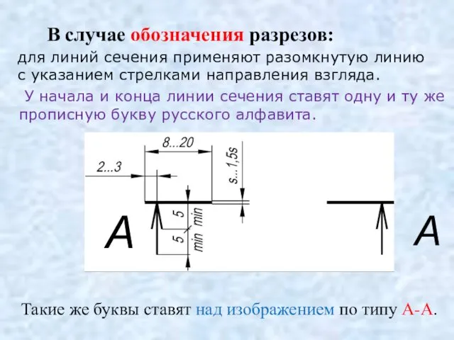 для линий сечения применяют разомкнутую линию с указанием стрелками направления