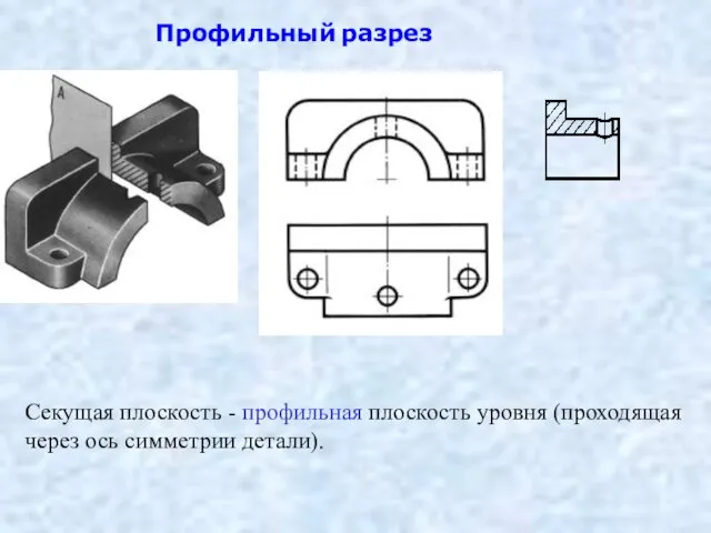 Профильный разрез Секущая плоскость - профильная плоскость уровня (проходящая через ось симметрии детали).