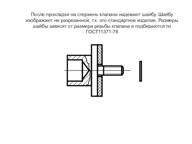 После прокладки на стержень клапана надевают шайбу. Шайбу изображают не