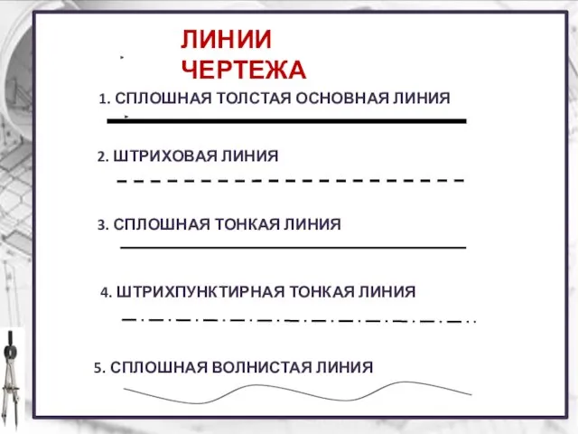 ЛИНИИ ЧЕРТЕЖА 2. ШТРИХОВАЯ ЛИНИЯ 3. СПЛОШНАЯ ТОНКАЯ ЛИНИЯ 4.