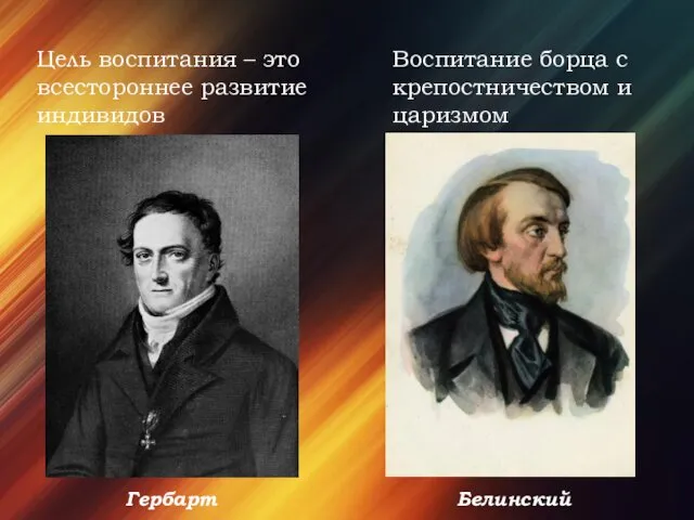 Цель воспитания – это всестороннее развитие индивидов Воспитание борца с крепостничеством и царизмом Гербарт Белинский