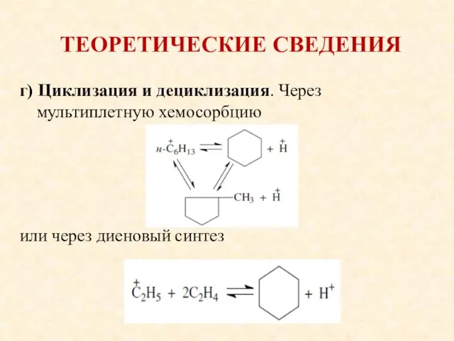 ТЕОРЕТИЧЕСКИЕ СВЕДЕНИЯ г) Циклизация и дециклизация. Через мультиплетную хемосорбцию или через диеновый синтез