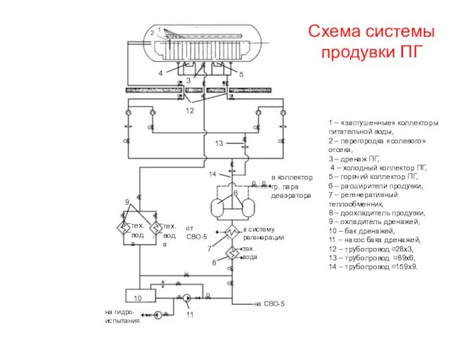 Схема системы продувки ПГ 1 – «заглушенные» коллекторы питательной воды,