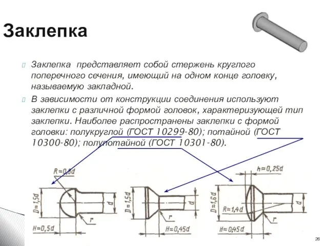 Заклепка Заклепка представляет собой стержень круглого поперечного сечения, имеющий на