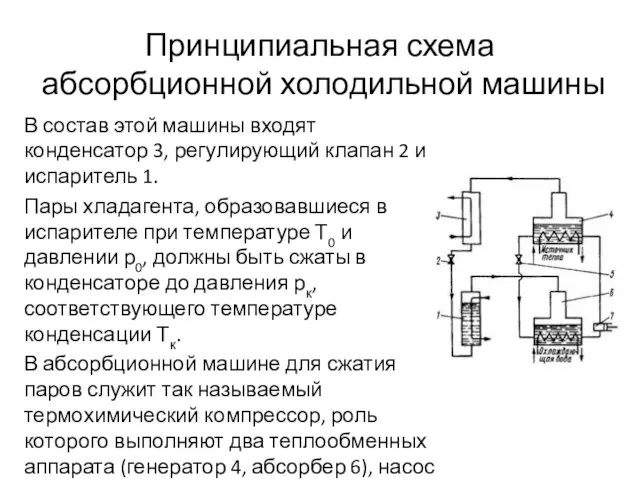 Принципиальная схема абсорбционной холодильной машины В состав этой машины входят конденсатор 3, регулирующий