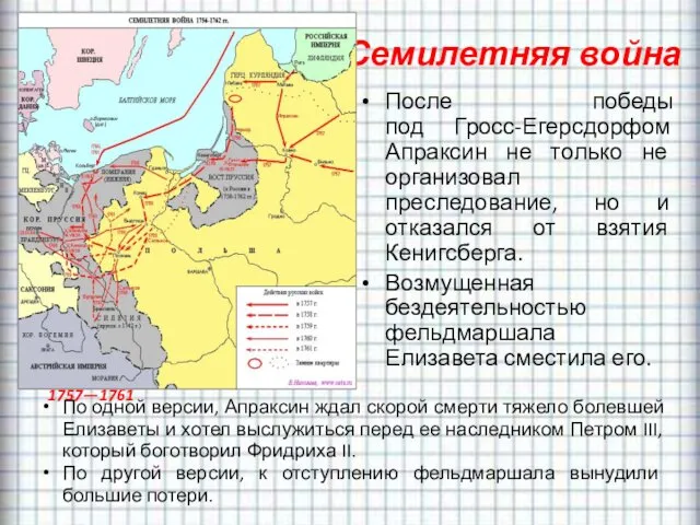 Семилетняя война После победы под Гросс-Егерсдорфом Апраксин не только не