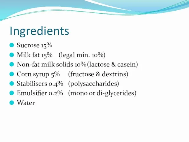 Ingredients Sucrose 15% Milk fat 15% (legal min. 10%) Non-fat