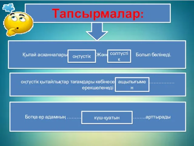 Тапсырмалар: Қытай асханналары.................... Және ............ Болып бөлінеді. оңтүстік солтүстік оңтүстік