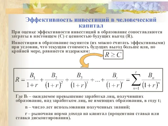 Эффективность инвестиций в человеческий капитал При оценке эффективности инвестиций в