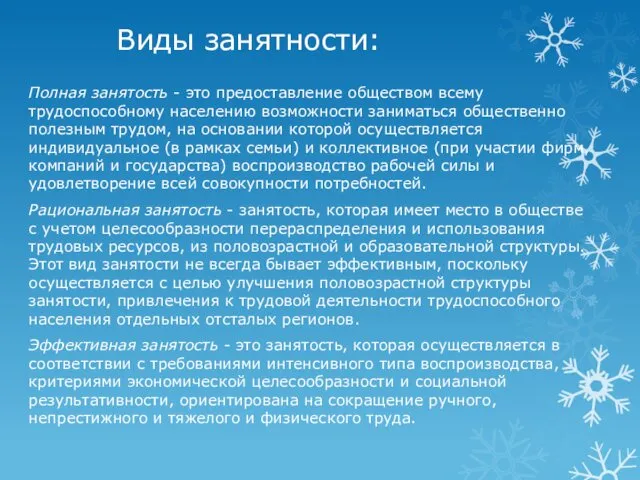 Виды занятности: Полная занятость - это предоставление обществом всему трудоспособному