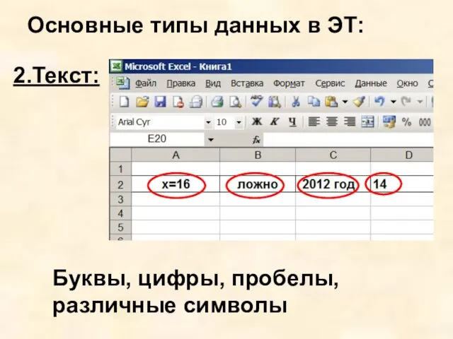 Основные типы данных в ЭТ: 2.Текст: Буквы, цифры, пробелы, различные символы