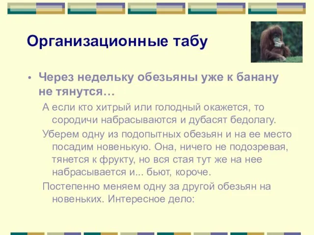 Организационные табу Через недельку обезьяны уже к банану не тянутся…