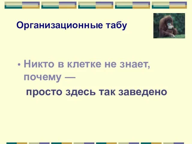 Организационные табу Никто в клетке не знает, почему — просто здесь так заведено