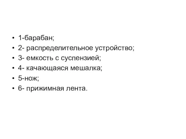 1-барабан; 2- распределительное устройство; 3- емкость с суспензией; 4- качающаяся мешалка; 5-нож; 6- прижимная лента.