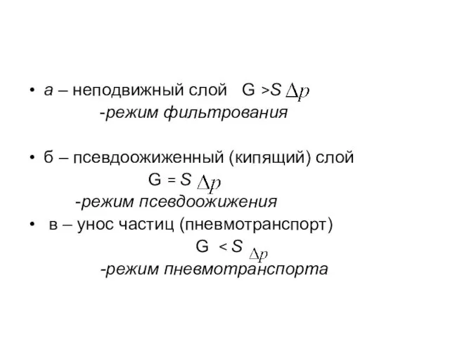 а – неподвижный слой G >S -режим фильтрования б –