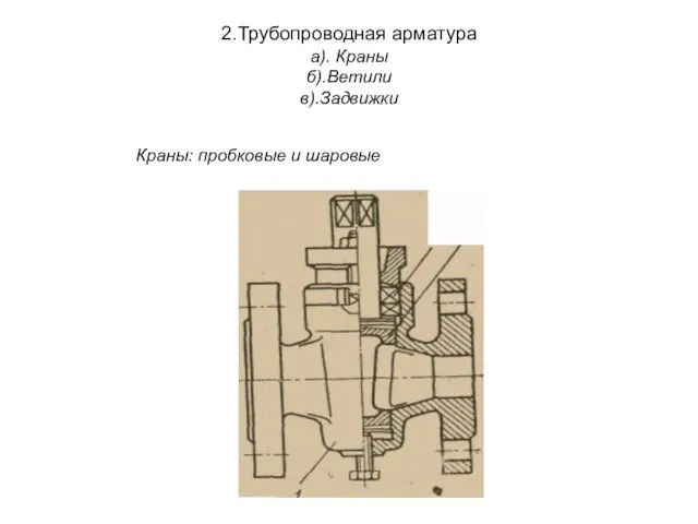 2.Трубопроводная арматура а). Краны б).Ветили в).Задвижки Краны: пробковые и шаровые